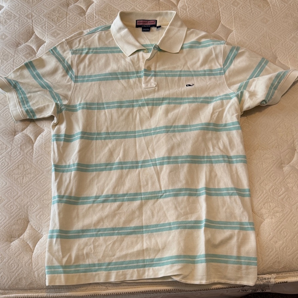 Vineyard Vines Cream and Green Striped Polo